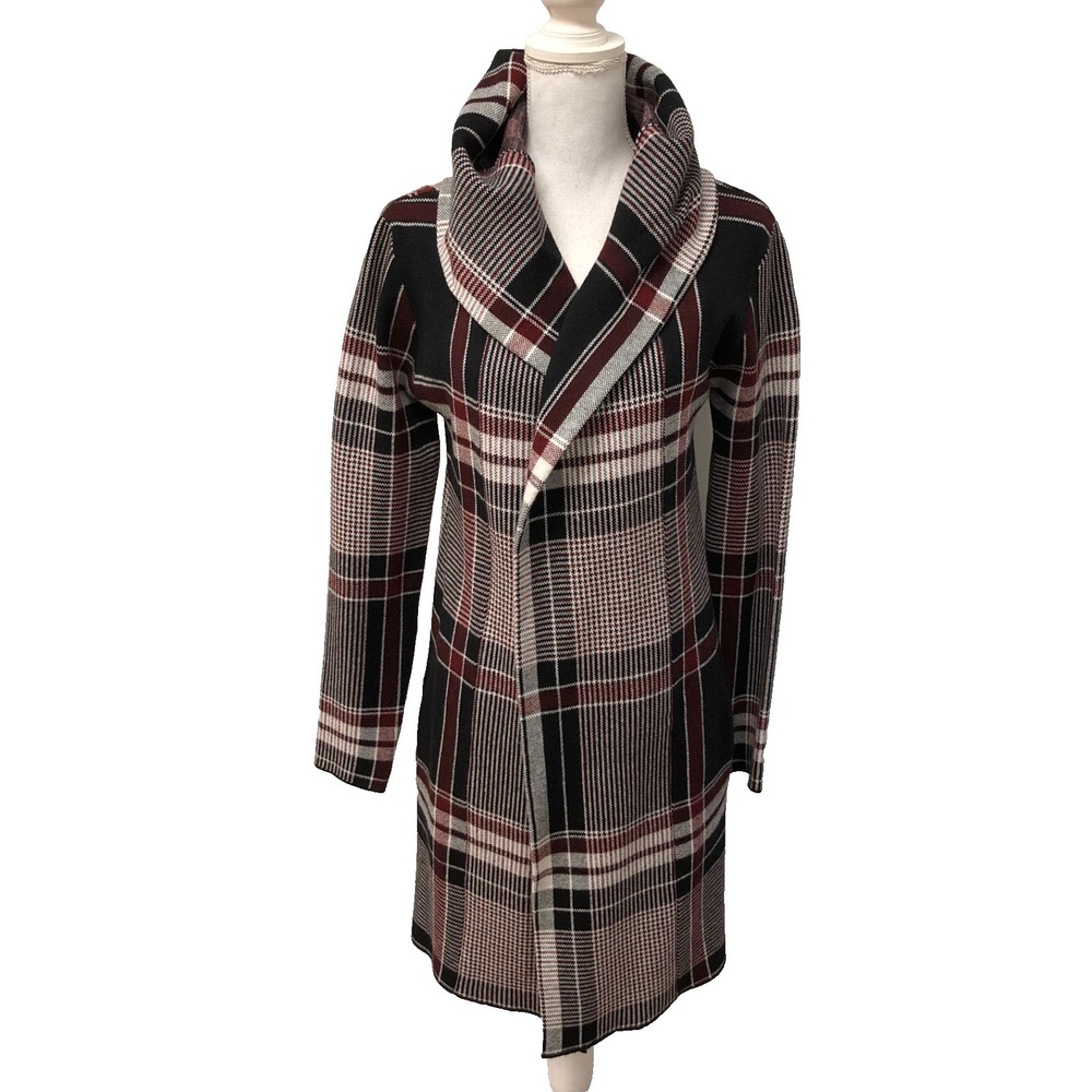 Frank Lyman Cardigan Sweater Jumper Womens Small Burgundy Plaid Mid Length